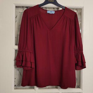 Cece deep red top with 3/4 flutter sleeves- medium
